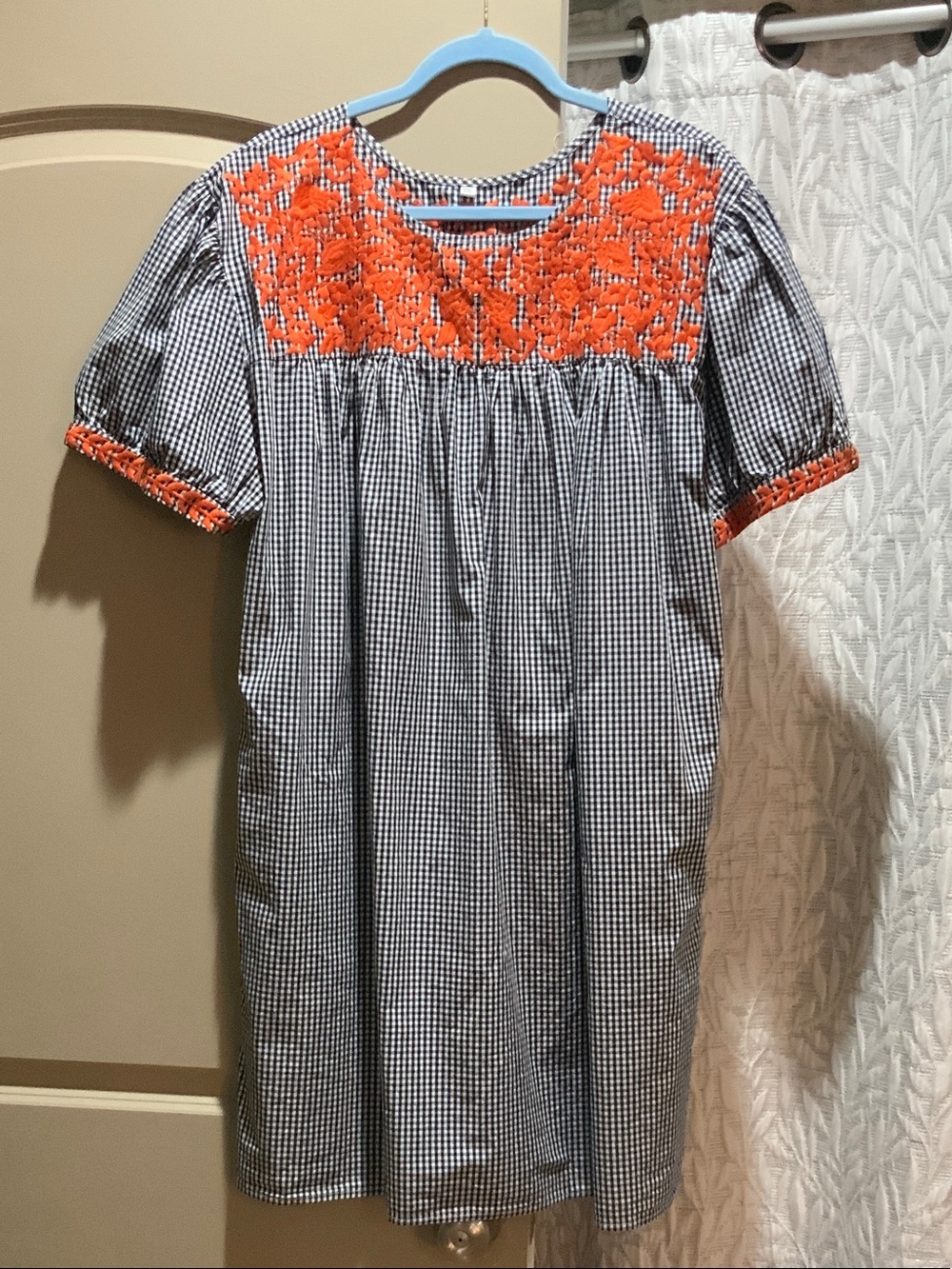 Spirit Black & White Gingham Mini Dress with Orange Embroidered Yoke